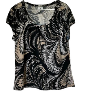 *BIN* WORTHINGTON Short Sleeve Patterned Top, Women’s L, Black Tan Cream